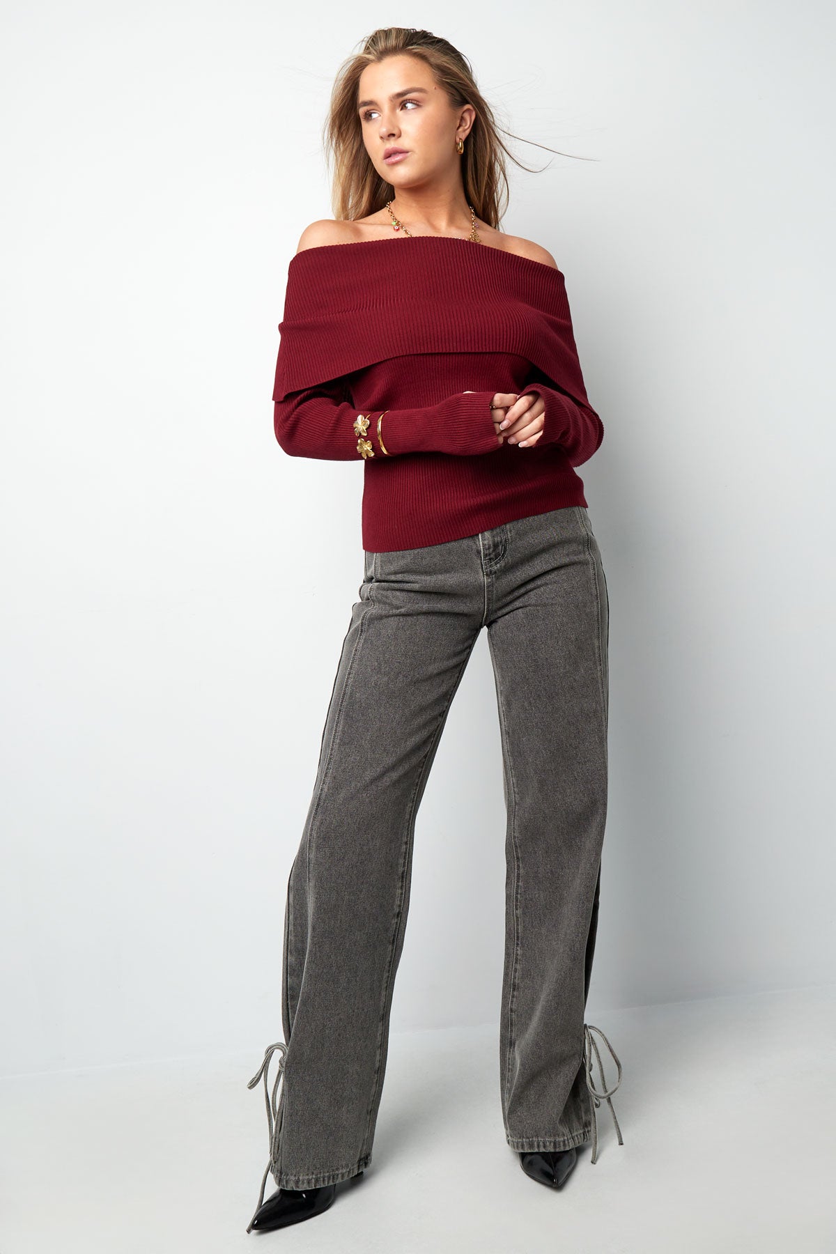 Schulterfreies Basic-Top - Burgunderrot